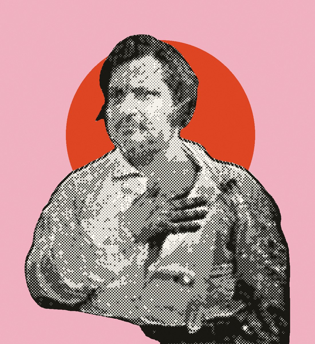 Photo illustration: Balzac, cut out from his 1842 daguerreotype and printed in halftone, hand on his chest, against a red disc on pink.