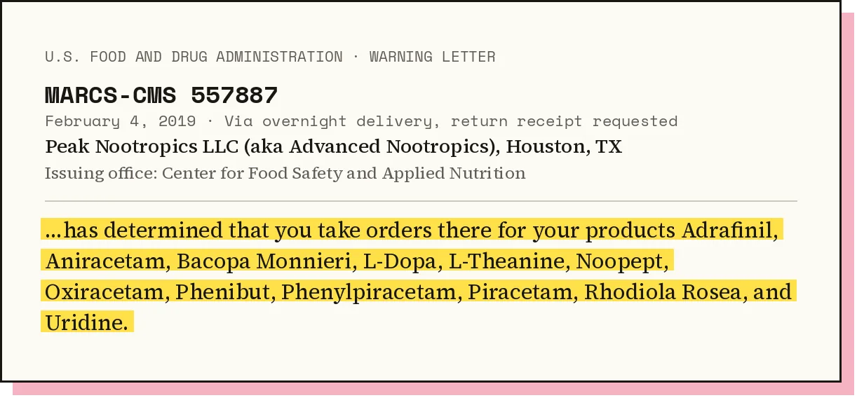 Excerpt from FDA warning letter MARCS-CMS 557887, February 4, 2019, to Peak Nootropics LLC of Houston, listing its products including Aniracetam, Noopept, Oxiracetam, Phenylpiracetam and Piracetam.