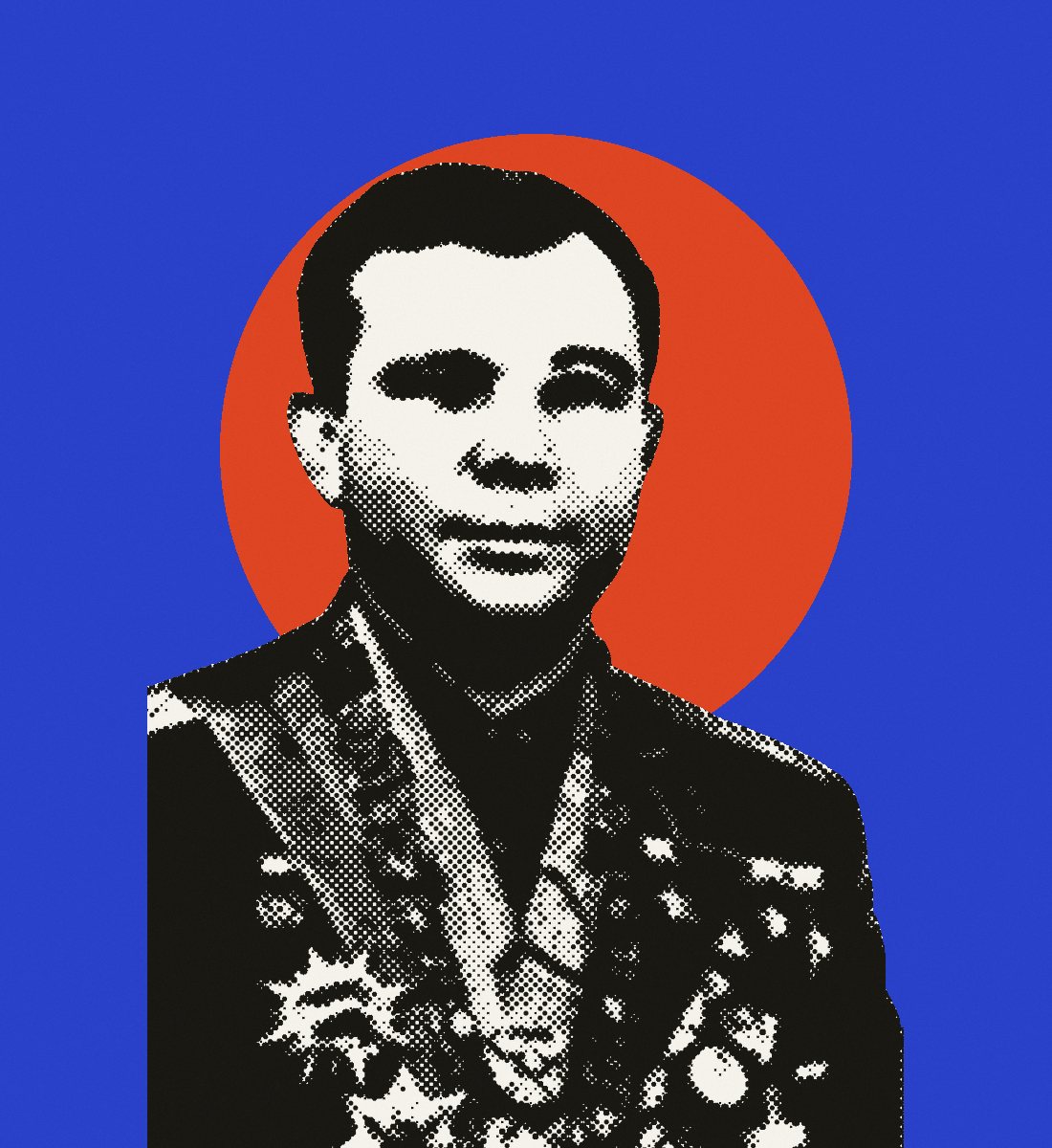 Photo illustration: Yuri Gagarin in uniform, cut out and printed in halftone, against a red disc on cobalt blue.