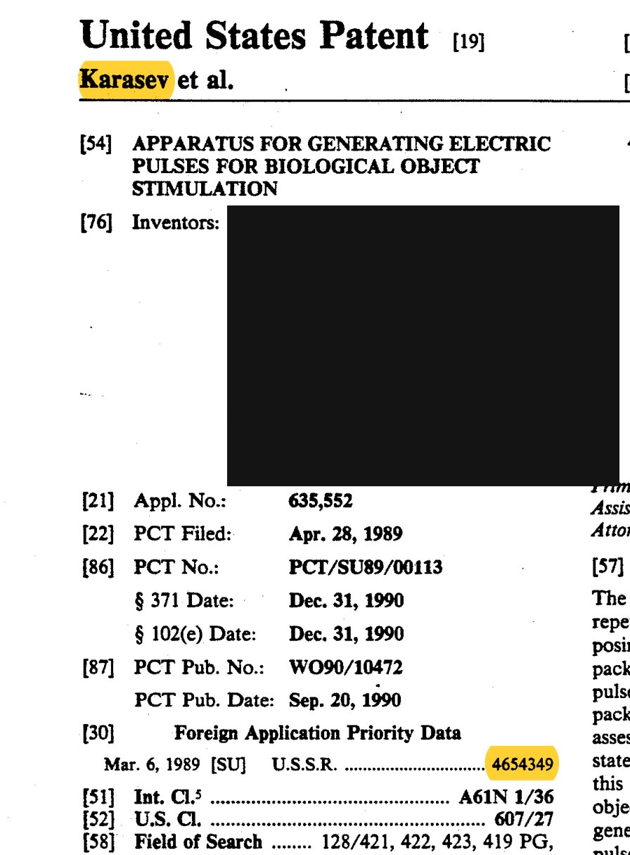 Front page of US Patent 5,257,623, Karasev et al., with inventors' home addresses covered by a black bar, and the Soviet priority application 4654349 of March 6, 1989 highlighted.
