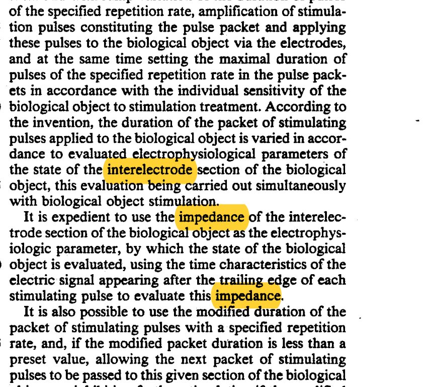Patent text with 'interelectrode' and 'impedance' highlighted: the apparatus uses the impedance of the interelectrode section of the biological object as the electrophysiologic parameter.