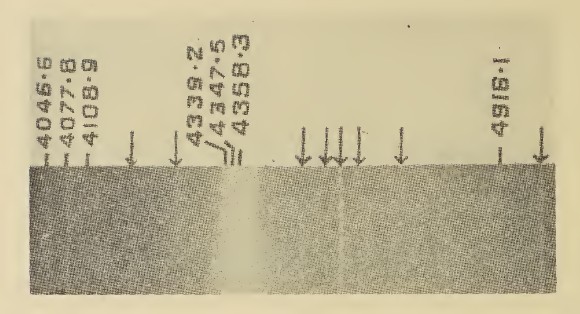 A photographic spectrogram strip with wavelength labels from 4046.6 to 4916.1 above it, and arrows marking new lines.