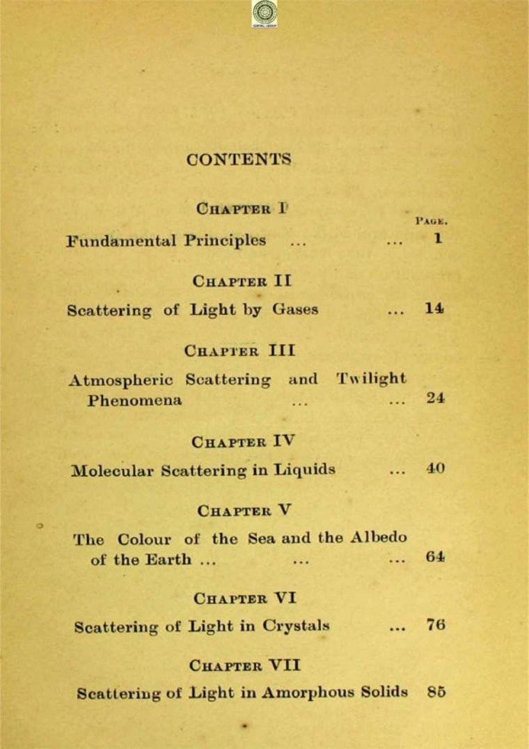 Contents page listing Chapter V, The Colour of the Sea and the Albedo of the Earth, page 64.