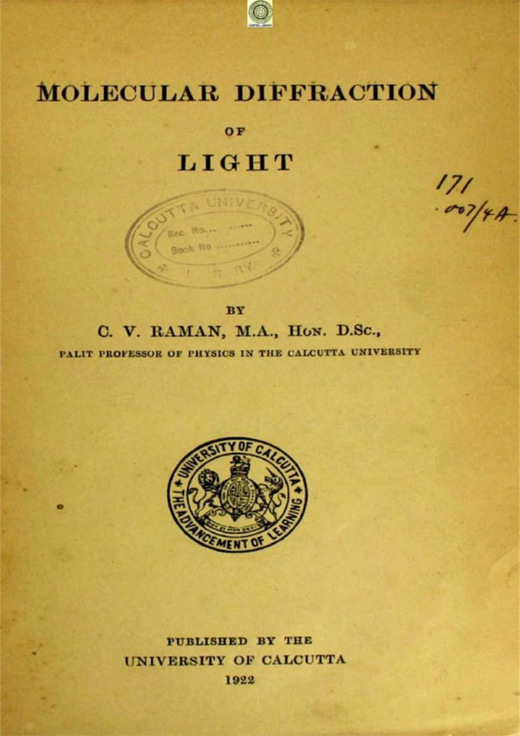 Title page of Molecular Diffraction of Light by C. V. Raman, University of Calcutta, 1922.