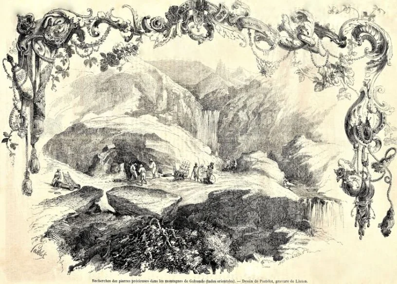 Nineteenth-century engraving of a rocky gorge with figures at work, inside an ornamental border.