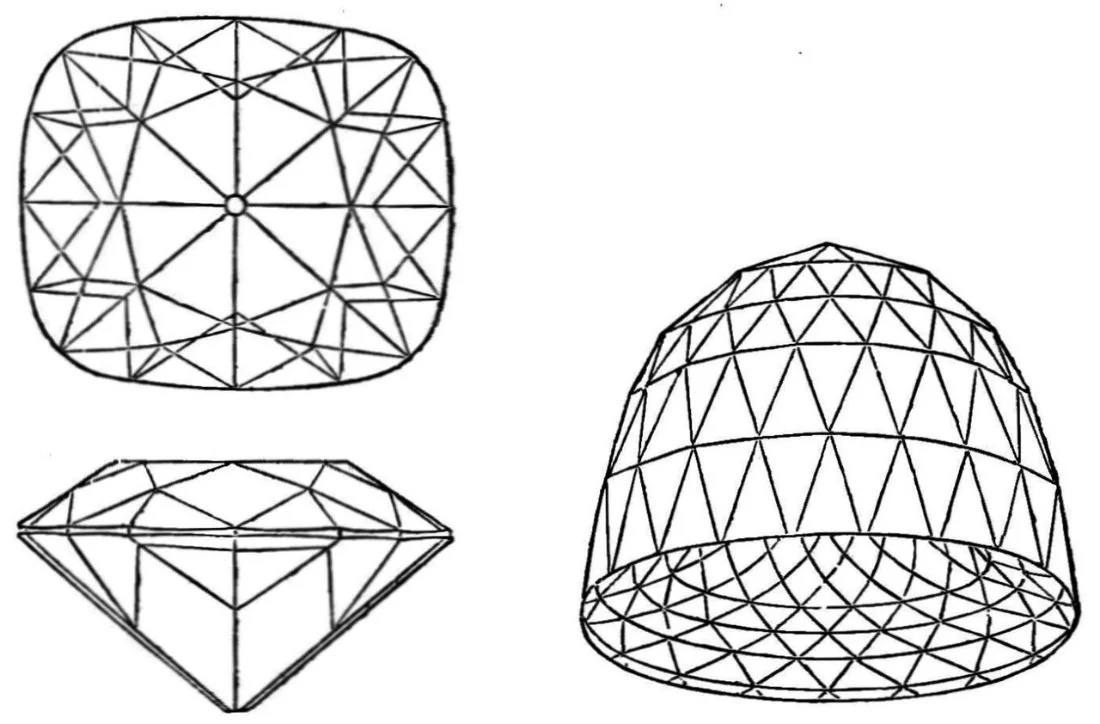 Line drawings of two cut diamonds, a cushion-shaped stone in two views and a tall rose-cut dome.