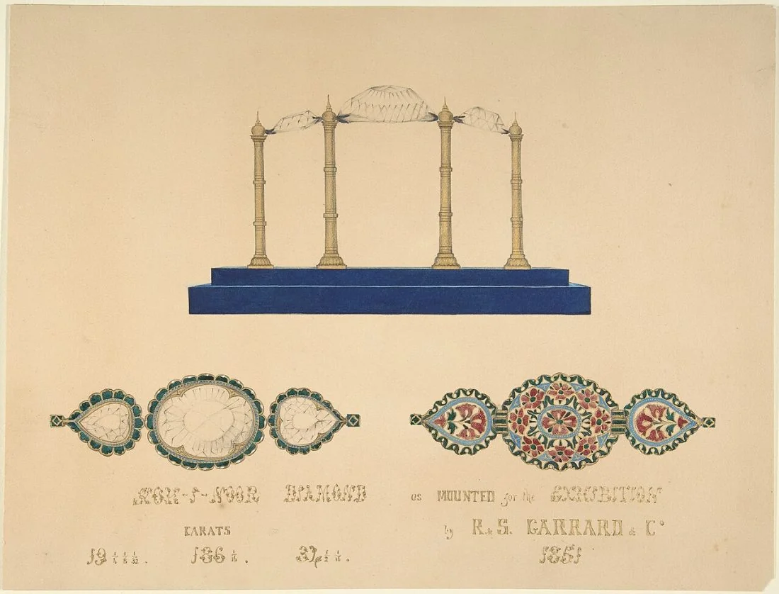 A jeweller’s drawing of the Koh-i-Noor diamond in a three-arched display stand, with its armlet setting below.