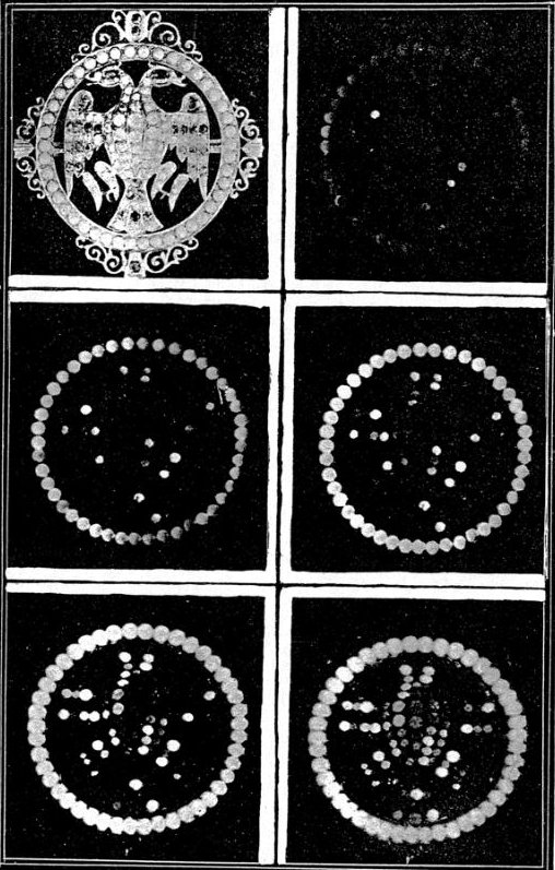 Six dark panels: a jewelled double-headed eagle in daylight, then the same jewel as rings and points of light at longer exposures.