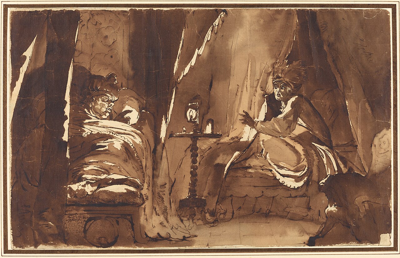 Fuseli’s Midnight: two men awake in canopied beds, one pointing across a candlelit room to the other.