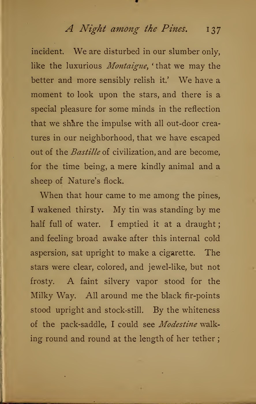Page 137 of Stevenson’s 1879 travel book, describing waking among the pines.